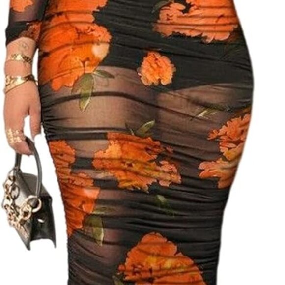 Dresses & Skirts - Women Sexy Mesh Bodycon Midi Dress Set Floral Long Sleeve Cover Up